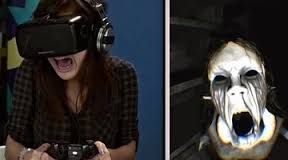 picture of girl playing Oculus Rift, and a picture of scary female from the game Dreadhalls beside it.